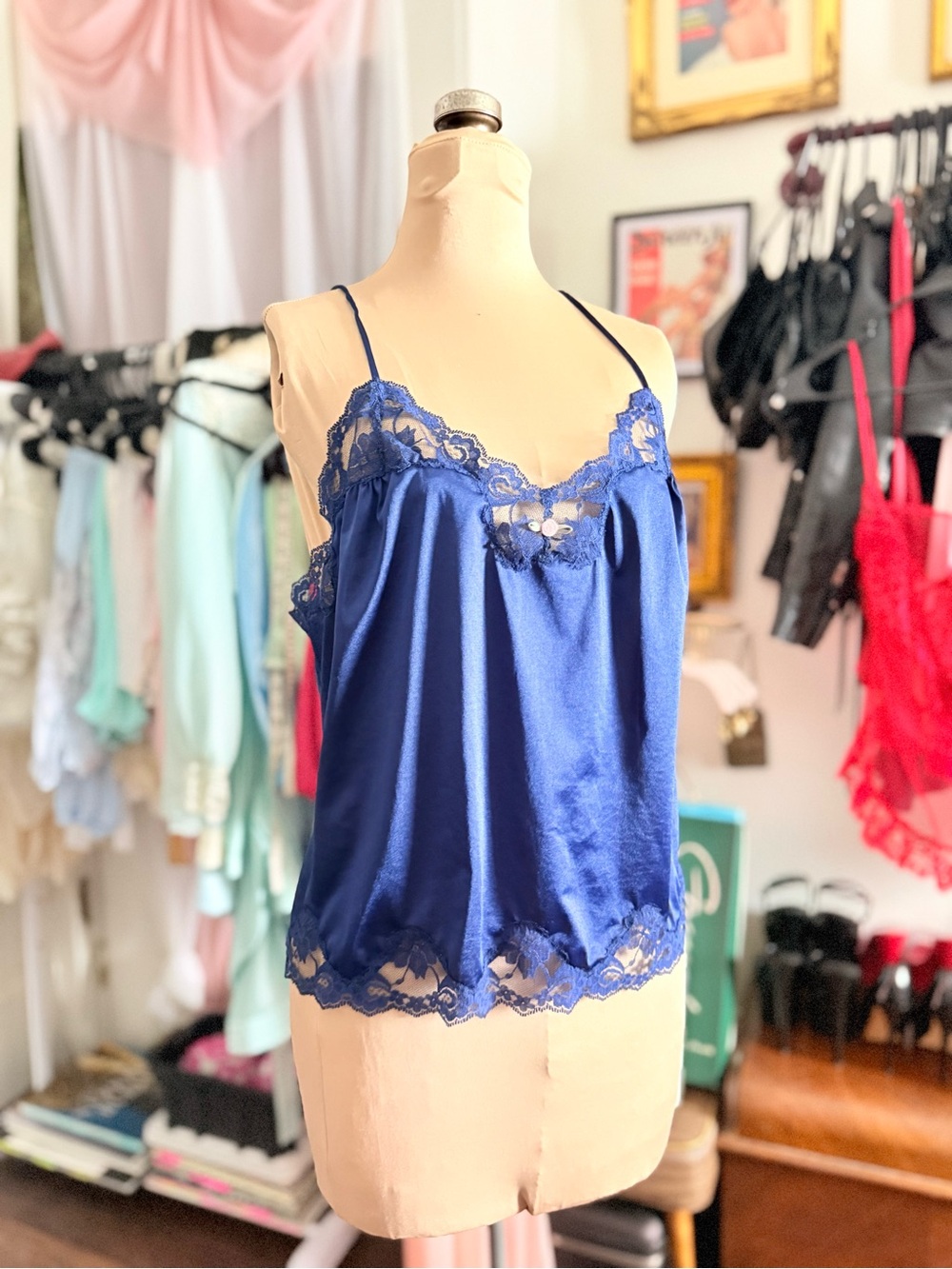 Vintage 1970s 1980s Lace Cami Top - Navy Blue